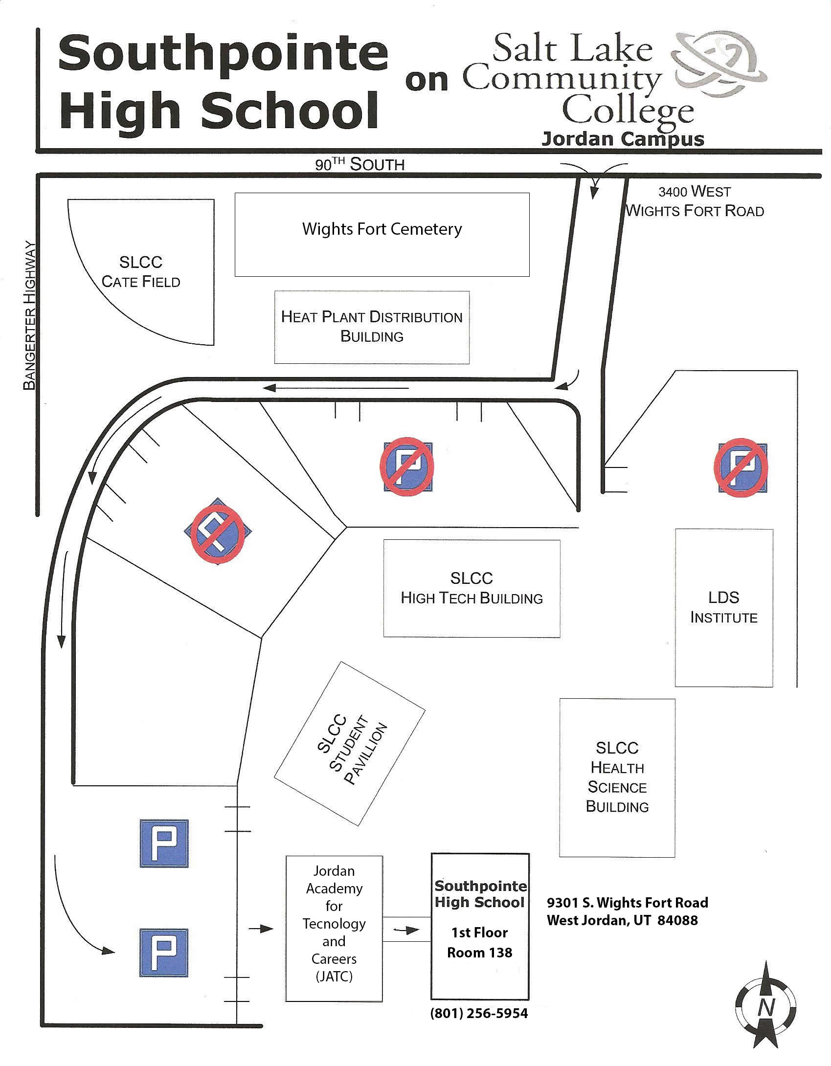 Southpointe campus map, 3400 West 90th south turn in and follow that road to the final parking area, go through the first building and enter the second building and you will find our main office on the left.