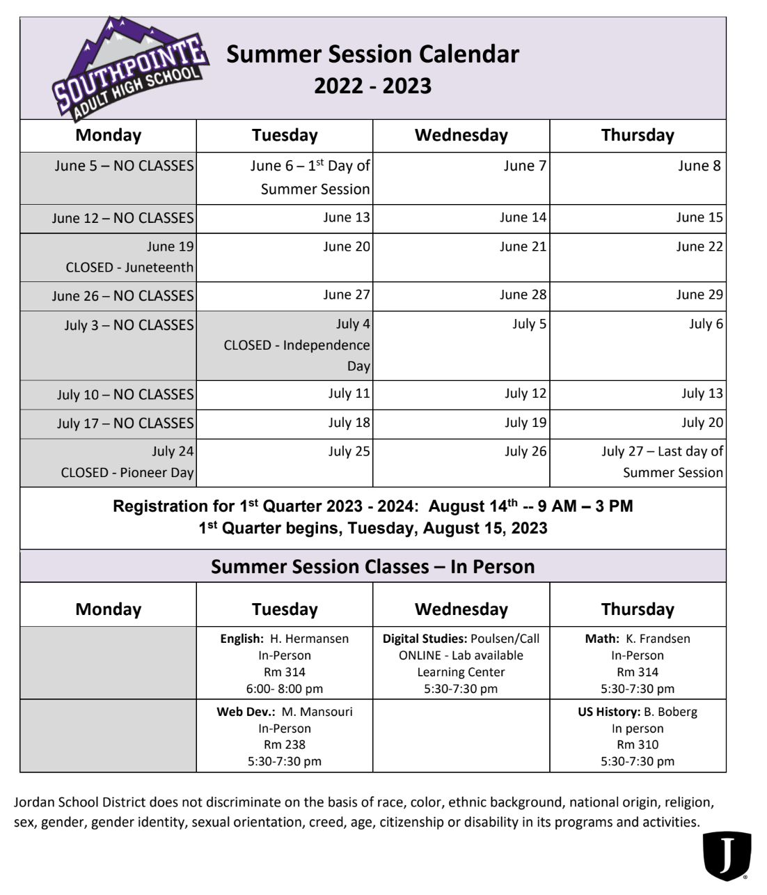 Summer Session Calendar & Schedule